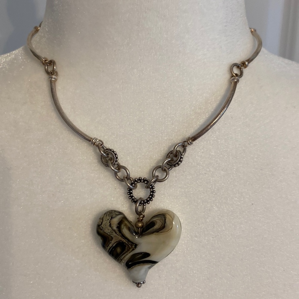 Vintage Karyn Chopik Handmade Sterling Silver and Murano Glass Heart Necklace.